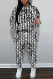 Black White Graphics Print Long Sleeve Hooded Sweatshirt and Skinny Stack Pant Casual Sportwear Two Piece Sweatpant Set