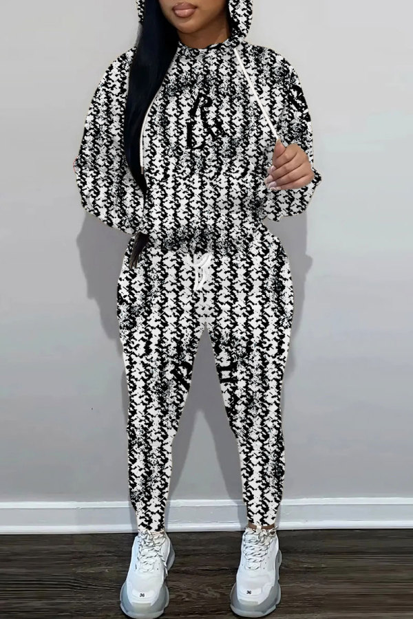 Black White Graphics Print Long Sleeve Hooded Sweatshirt and Skinny Stack Pant Casual Sportwear Two Piece Sweatpant Set