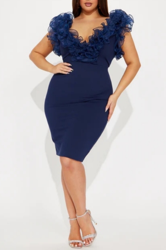 Royal Blue Evening Party Prom Gown Sleeveless Backless V Neck Mesh Ruffled Layered Shoulder Formal Office Bodycon Midi Dresses