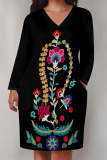 Khaki Casual Boho National Totem Floral Print  Deep V Neck Long Sleeve Women's Casual Outing Straight Loose Midi Dress