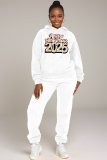 White New Year Eve Outfits Letter Print Pocket Hooded Sweatshirt And Drawstring Pants Sportwear Casual Two Pieces Sweatpant Set
