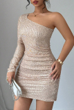 Apricot Sequin Evening Party Gown Backless Oblique Collar Single Sleeve Wrapped Skirt Bodycon Glitter Prom Mini Dress