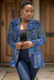 Dark Blue Casual Formal Office Faux Denim Print Buttons Cardigan Turn-back Collar Long Sleeve Blazer Jackets