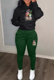 Black Green African Girl Print Long Sleeve Hooded Sweatshirt and Skinny Stack Pant Casual Sportwear Two Piece Sweatpant Set