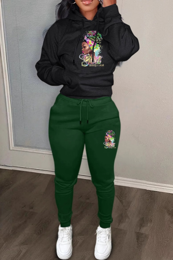 Black Green African Girl Print Long Sleeve Hooded Sweatshirt and Skinny Stack Pant Casual Sportwear Two Piece Sweatpant Set