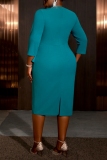 Lake Green Formal Evening Party Prom Wedding Guest Slit O Neck 3/4 Sleeve Wrapped Skirt Bodycon Midi Dresses