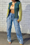 Green Casual Outing Patchwork Zipper Collar Long Sleeve PU Leather Jackets
