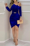 Blue Formal Evening Party Prom Oblique Collar Long Sleeve One Shoulder Wrapped Skirt Ruched Bodycon Velvet Mini Dresses