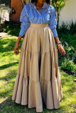 Blue Stripe Print Turndown Collar Long Sleeve Shirt and Pleated Maxi Skirt Casual Outing Vacation Two Pieces Dress Sets