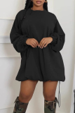 Black Casual Outing Draw String O Neck Long Sleeve Straight Bubble Mini Dresses