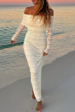 Apricot Lace Flower Print Backless Off Shoulder Long Sleeve Long Vacation Bodycon Maxi Dresses
