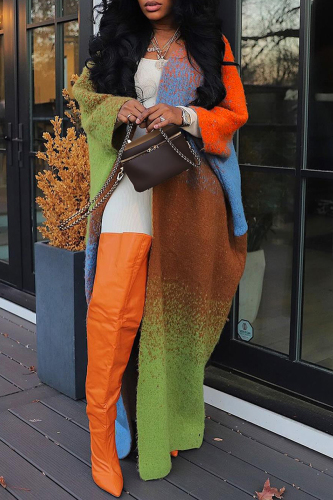 Orange Casual Outing Gradient Print Cardigan Long Sleeve Longline Sweater Jackets