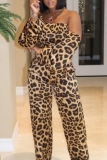 Yellow Leopard Print Backless Off Shoulder Long Sleeve Crop Tops And Wide Leg Pants Vacation Two Pieces Trouser Sets