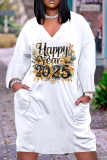 White Black New Year Eve Outfits Digital Print V Neck Long Sleeve Women's Casual Outing Straight Loose Fit Tunic Midi Dress with Pocket