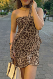 Leopard Print Backless Strapless Ruffle Trim Irregular Formal Evening Party Prom Bodycon Tube Mini Dresses