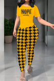 Blue Casual Sportwear Nope Not Today Print O Neck Short Sleeve T-shirt And Plaid Skinny Sweatpants Two Pieces Jogger Sets