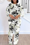 White Gray Casual Outing Floral Print O Neck Long Sleeve Sweatshirt And Pants Sportwear Two Pieces Jogger Sets