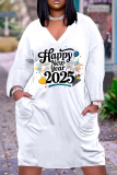 White Black New Year Eve Outfits Digital Print V Neck Long Sleeve Women's Casual Outing Straight Loose Fit Tunic Midi Dress with Pocket