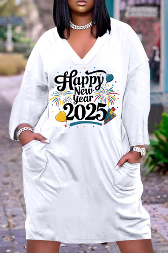 White Black New Year Eve Outfits Digital Print V Neck Long Sleeve Women's Casual Outing Straight Loose Fit Tunic Midi Dress with Pocket