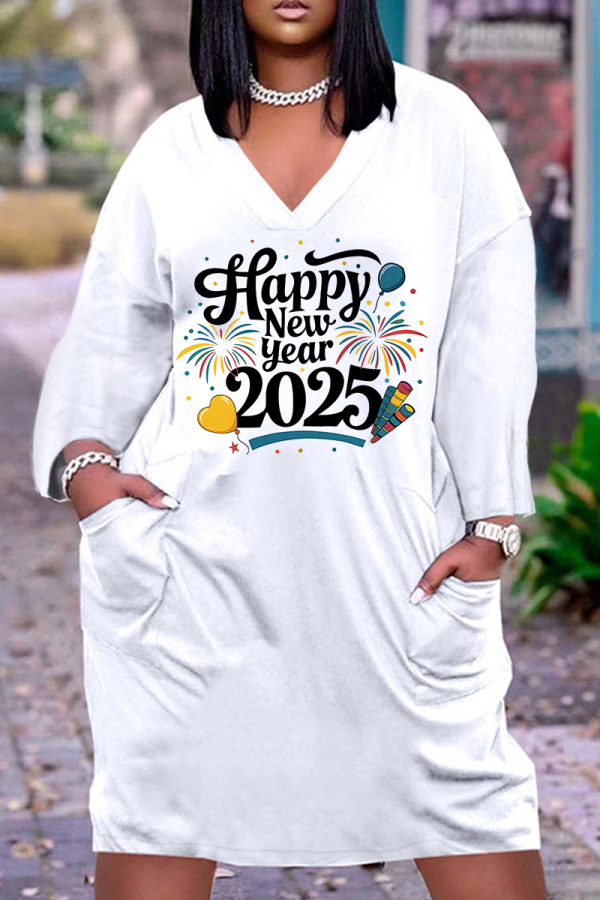 White Black New Year Eve Outfits Digital Print V Neck Long Sleeve Women's Casual Outing Straight Loose Fit Tunic Midi Dress with Pocket