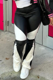 Black with White Patchwork Boot Cut Mid Waist Casual Speaker Leather Pants