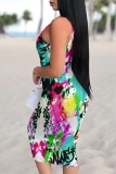 Green Casual Floral Print U Neck Sleeveless Vacation Bodycon Midi Tank Dress