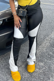 Black with White Patchwork Boot Cut Mid Waist Casual Speaker Leather Pants