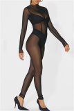 Black Mesh See-Through Half A Turtleneck Long Sleeve Night Club Skinny Jumpsuit One Piece Bodysuit