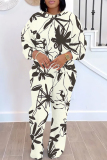 White Gray Casual Outing Floral Print O Neck Long Sleeve Sweatshirt And Pants Sportwear Two Pieces Jogger Sets