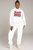 White New Year Eve Outfits Letter Print Pocket Hooded Sweatshirt And Drawstring Pants Sportwear Casual Two Pieces Sweatpant Set