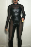 Black Mesh See-Through Half A Turtleneck Long Sleeve Night Club Skinny Jumpsuit One Piece Bodysuit