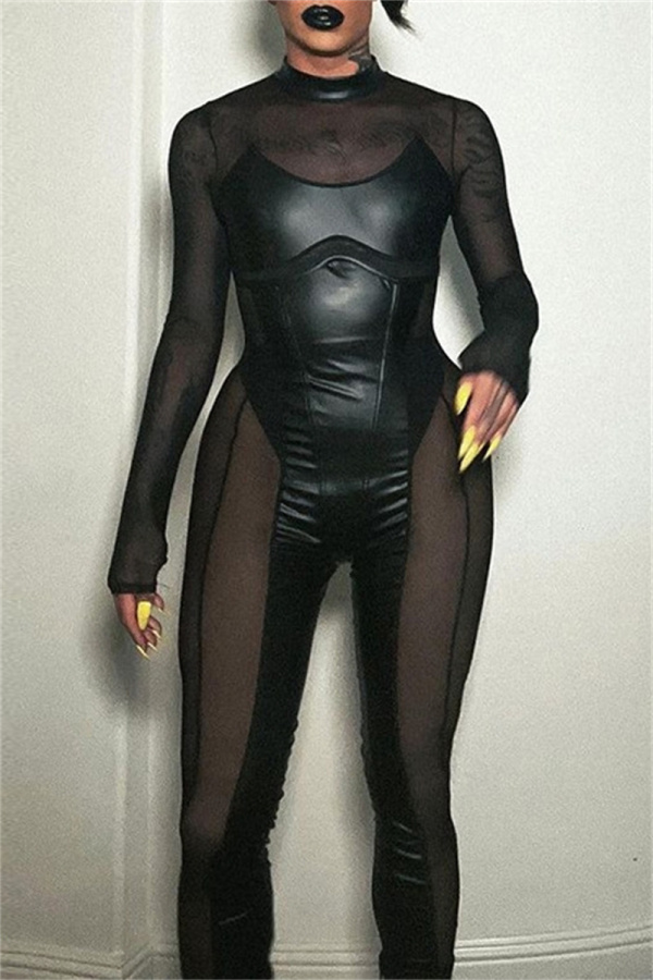 Black Mesh See-Through Half A Turtleneck Long Sleeve Night Club Skinny Jumpsuit One Piece Bodysuit