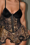 Brown Leopard Print Lace Flower Print Patchwork Backless Spaghetti Strap Ruffle Hem Mini Slip Dresses