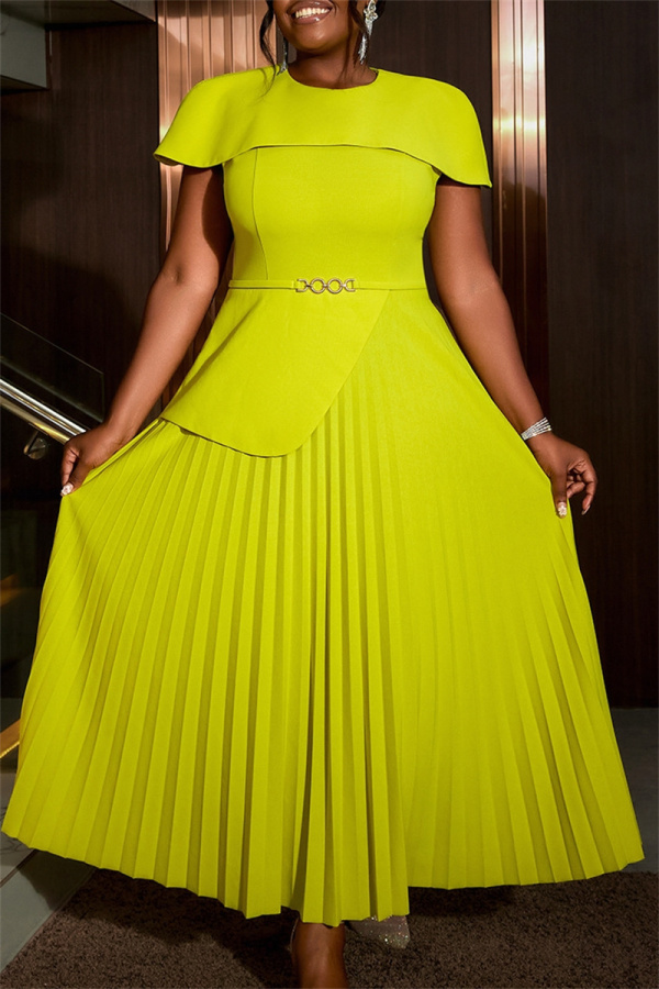 Mustard Green Formal Evening Party Prom Wedding Guest Patchwork O Neck Pleated Maxi Dresses