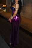 Purple Sleeveless Backless Strapless Wrapped Skirt Sash Draped Tail Party Evening Bodycon Mini Dresses