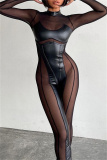 Black Mesh See-Through Half A Turtleneck Long Sleeve Night Club Skinny Jumpsuit One Piece Bodysuit