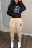 Black Green Graphics Print Long Sleeve Hooded Sweatshirt and Skinny Stack Pant Casual Sportwear Two Piece Sweatpant Set