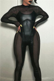 Black Mesh See-Through Half A Turtleneck Long Sleeve Night Club Skinny Jumpsuit One Piece Bodysuit