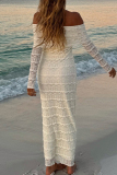 Apricot Lace Flower Print Backless Off Shoulder Long Sleeve Long Vacation Bodycon Maxi Dresses