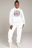 White New Year Eve Outfits Letter Print Pocket Hooded Sweatshirt And Drawstring Pants Sportwear Casual Two Pieces Sweatpant Set