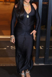 Black Hollow Out Patchwork Deep V Neck Long Sleeve Long Formal Evening Party Prom Bodycon Maxi Dresses