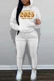 White Pink New Year Eve Outfits Digital Letter Print Pocket Hooded Sweatshirt And Drawstring Pants Sportwear Casual Two Pieces Sweatpant Set