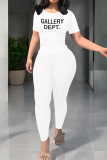 White Casual Sportwear Plaid Letter Print Contrast O Neck Short Sleeve T-shirt And Skinny Sweatpants Two Pieces Jogger Sets