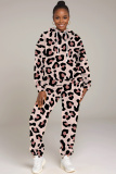 Pink Casual Leopard Print Pocket Hooded Sweatshirt And Drawstring Pants Sportwear Casual Two Pieces Sweatpant Set