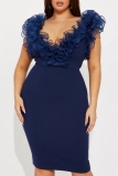 Royal Blue Evening Party Prom Gown Sleeveless Backless V Neck Mesh Ruffled Layered Shoulder Formal Office Bodycon Midi Dresses