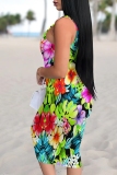 Green Casual Floral Print U Neck Sleeveless Vacation Bodycon Midi Tank Dress