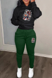 Black Green Graphics Print Long Sleeve Hooded Sweatshirt and Skinny Stack Pant Casual Sportwear Two Piece Sweatpant Set