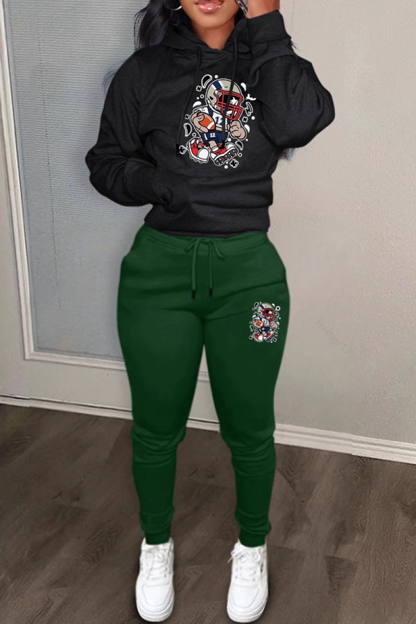 Black Green Graphics Print Long Sleeve Hooded Sweatshirt and Skinny Stack Pant Casual Sportwear Two Piece Sweatpant Set