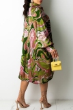 Pink Casual Graphics Print Buttons Belted Turndown Collar Long Sleeve Drastring Hem Vacation Plus Size Shirt Mini Dresses