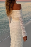 Apricot Lace Flower Print Backless Off Shoulder Long Sleeve Long Vacation Bodycon Maxi Dresses